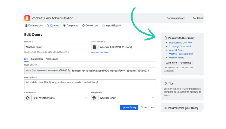 PocketQuery query editor in Confluence Cloud showing the new Pages with this Query sidebar listing all pages that use the query
