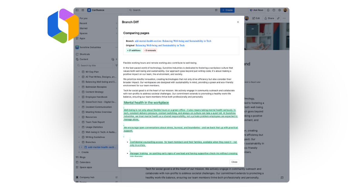 Let Rovo or other agents draft on isolated branches and review changes in a visual diff