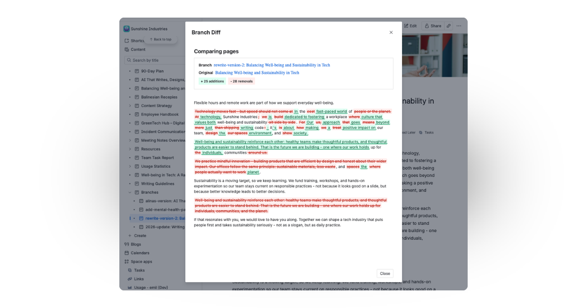 The Page Branching diff showing all changes on the branch
