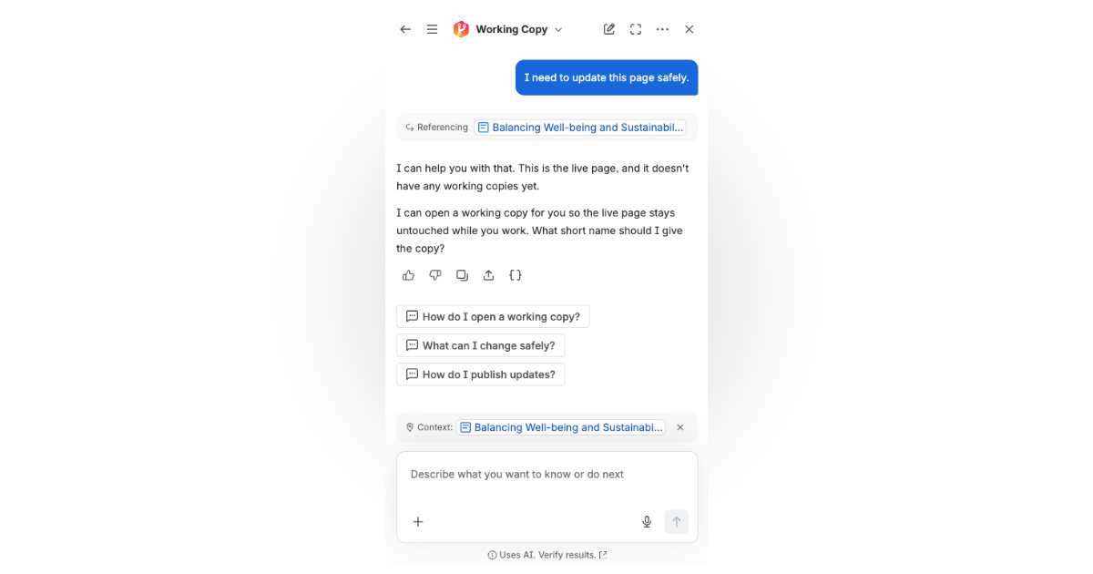 Working Copy Rovo agent in Confluence chat offering to open a working copy of the live page