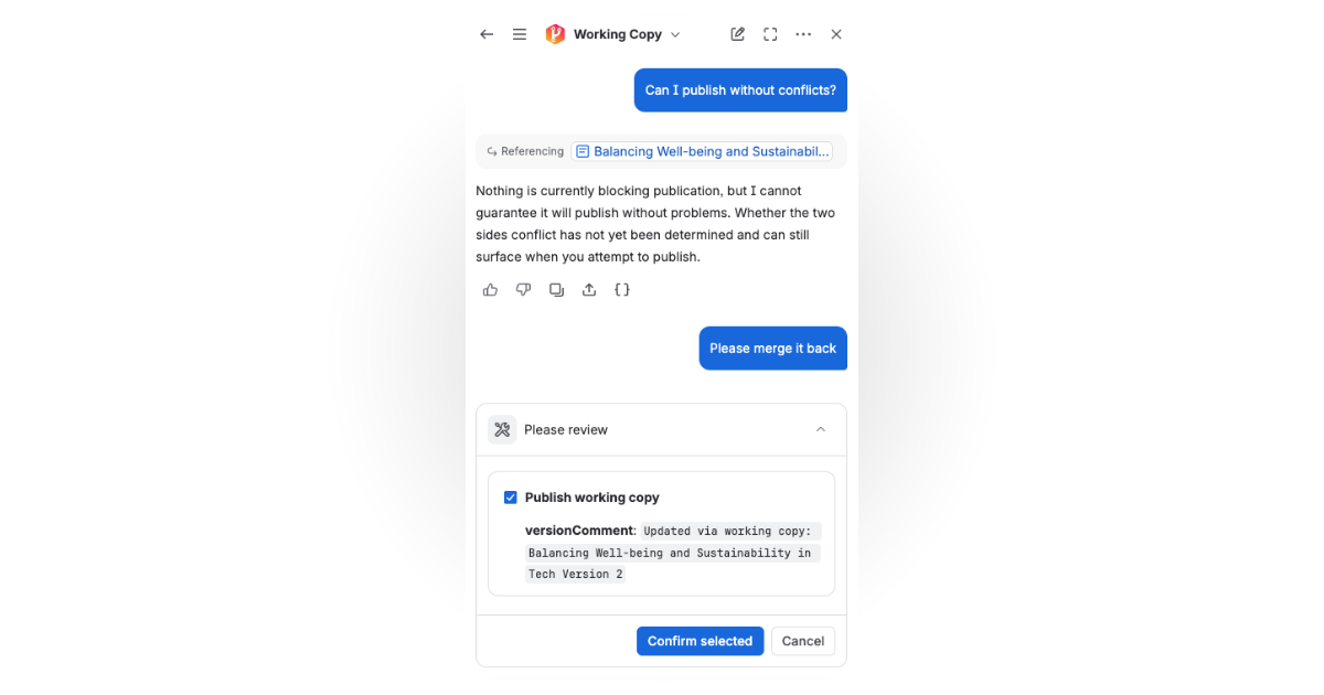 Working Copy Rovo agent asking for confirmation before publishing the working copy to the live page