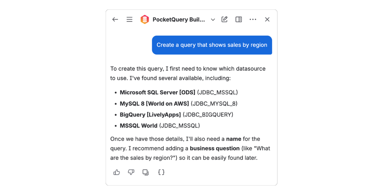 PocketQuery Builder in Rovo chat asking which Datasource to use for a new Query