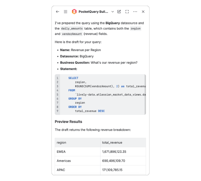 PocketQuery Builder in Rovo chat showing a draft Query with a preview of the result