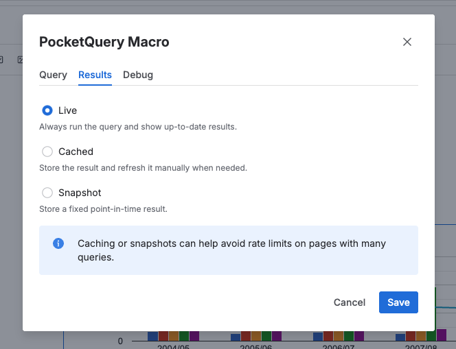 PocketQuery macro Results tab showing Live, Cached, and Snapshot modes