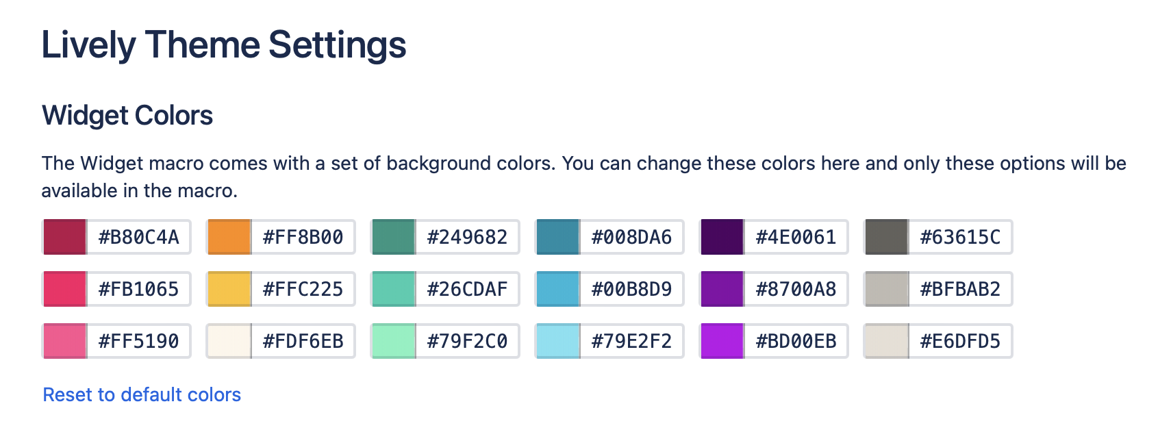 ‘Lively Theme Settings’ panel displaying a grid of selectable widget color swatches with their hex codes and a ‘Reset to default colors’ link.