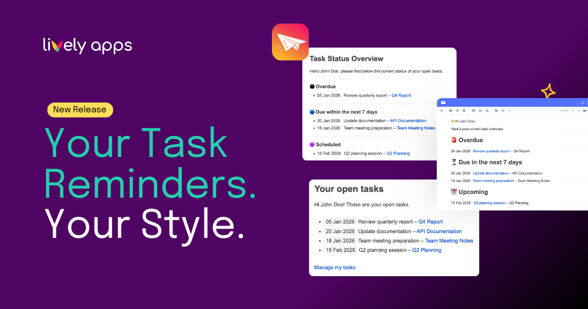 Lively Apps graphic showcasing customizable Task Reminder email templates with previewed task lists and reminder interface on a purple background.