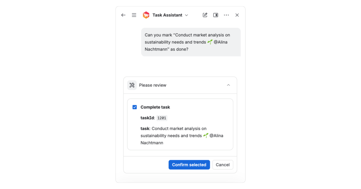 Task Assistant in Rovo chat asking for confirmation before marking a Confluence task as done