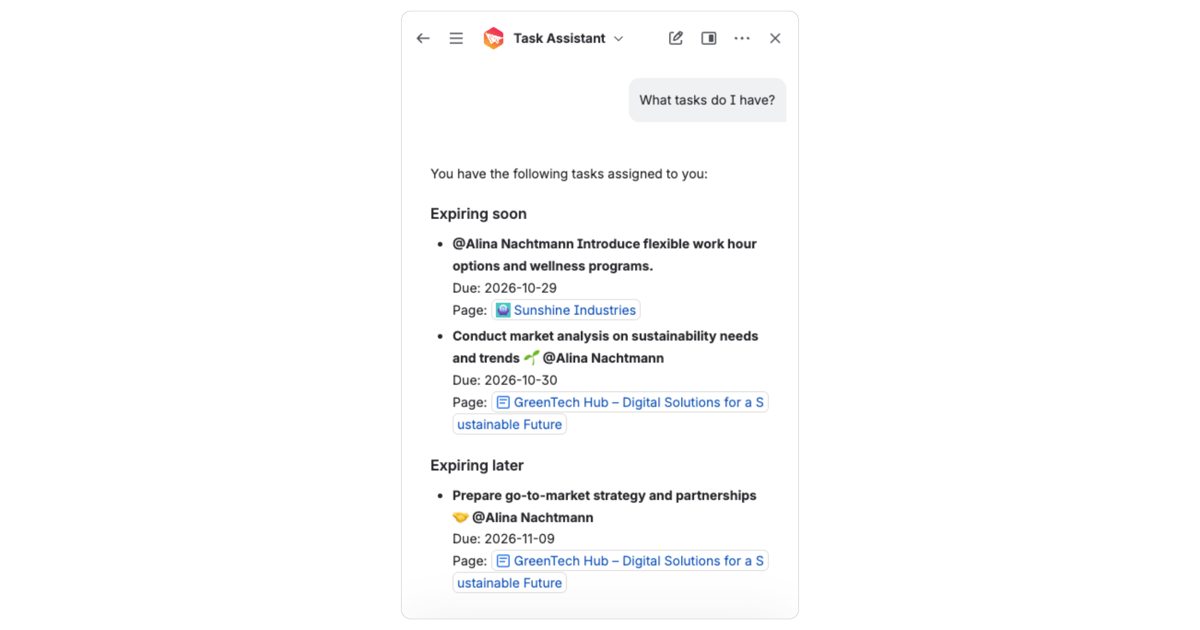 Task Assistant in Rovo chat listing the Confluence tasks assigned to you, grouped by due date