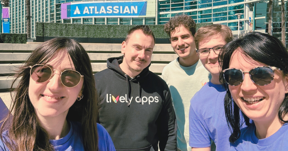 Lively Apps team taking a selfie in front of the convention center at Atlassian Team ’25 in Anaheim.