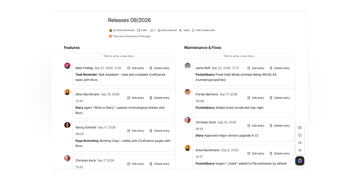 Changelog page run as a Diary, one entry per release