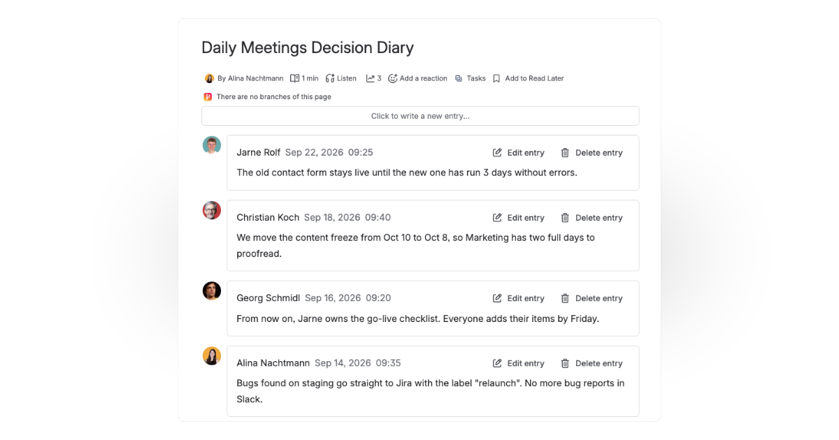 Decision Diary entries on a team standup page