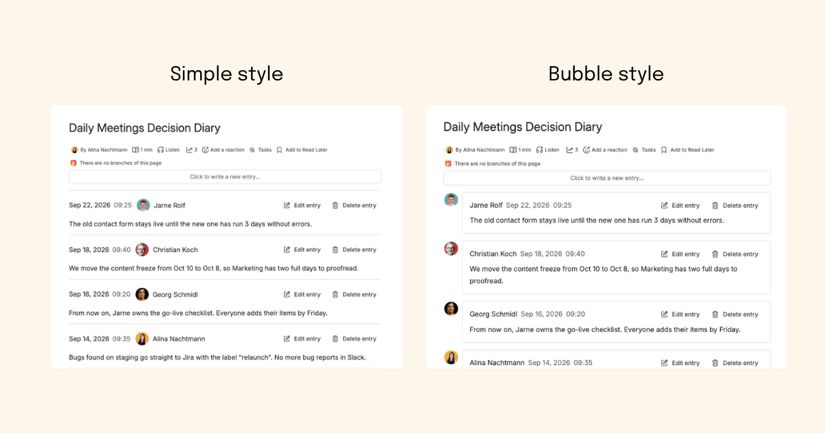 Diary macro style options: Simple and Bubble