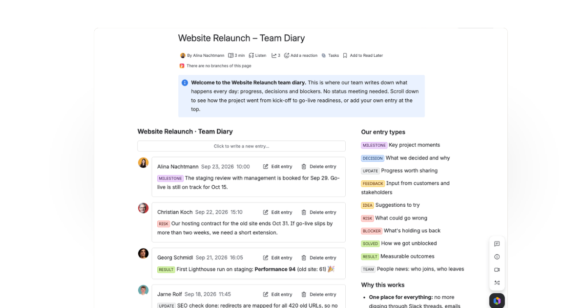 A shared Team Diary page for a cross-functional project