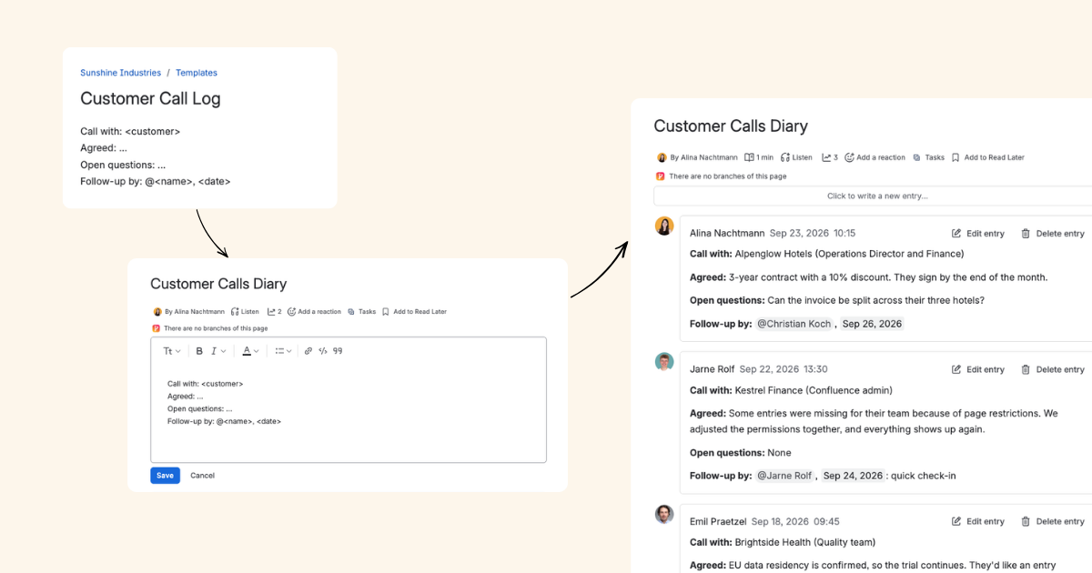 Diary macro configuration showing a page template selection