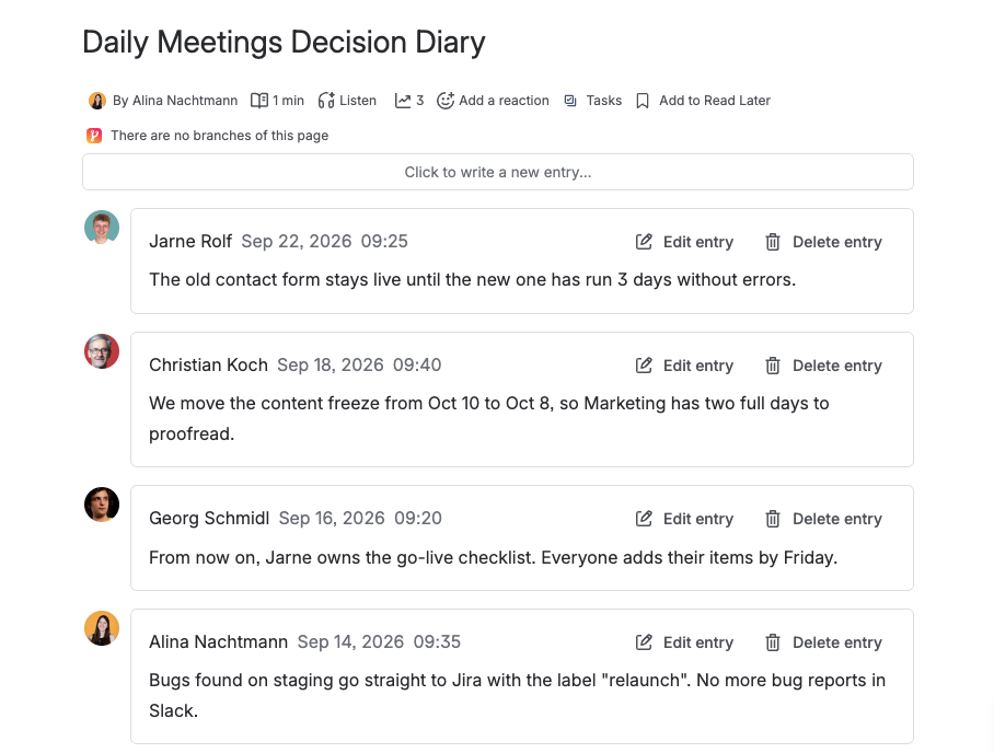 Diary decision log on a Confluence page