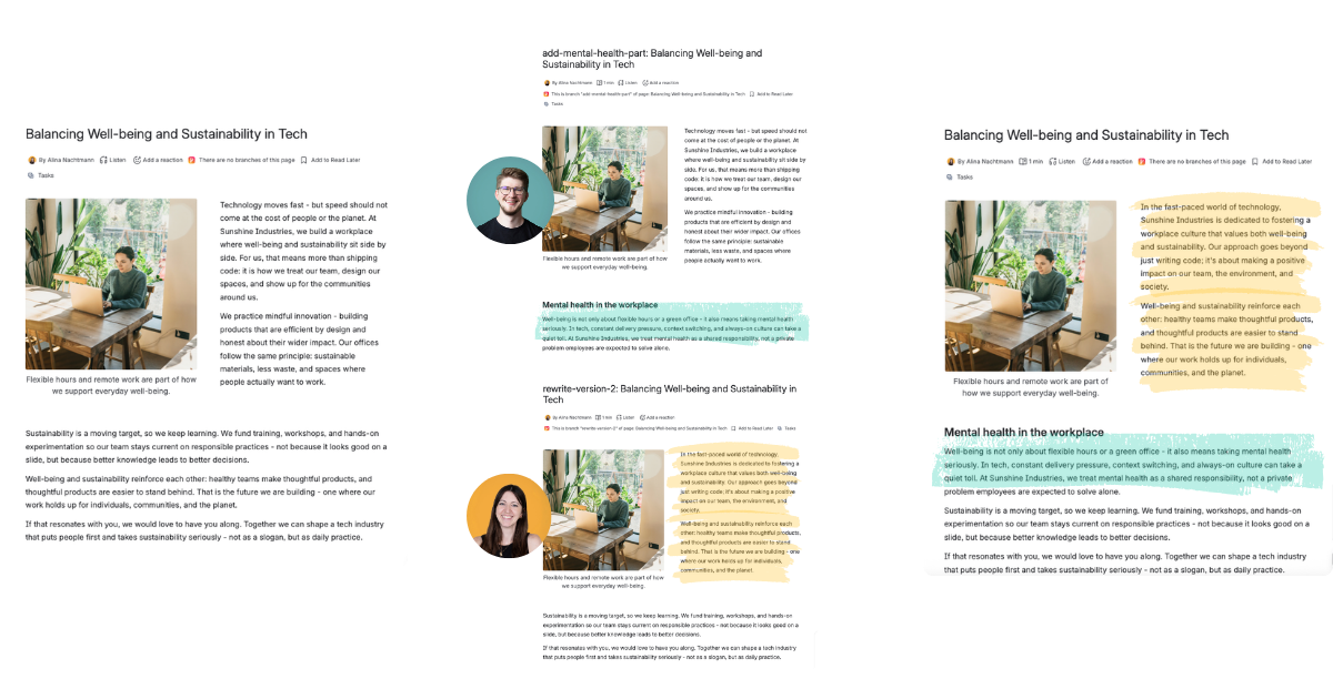 Page Branching diff showing all changes on the branch
