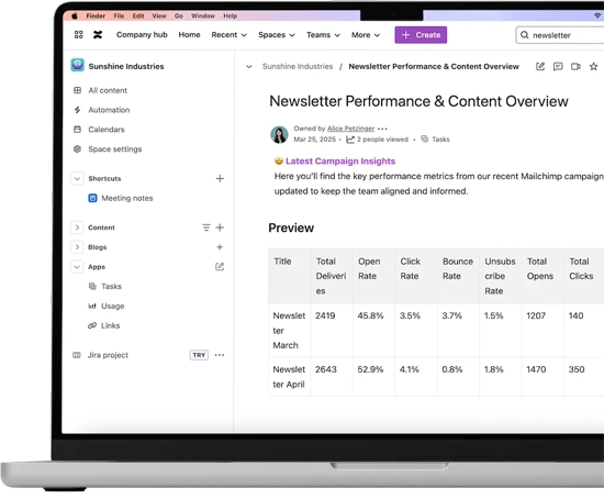 A Confluence page showing a table with data pulled from Mailchimp