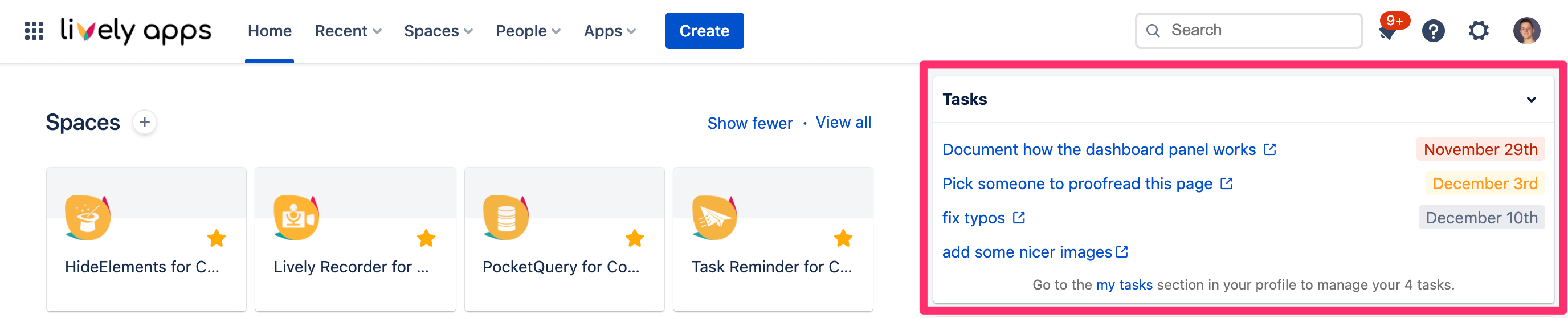The dashboard panel shows your five most urgent tasks
