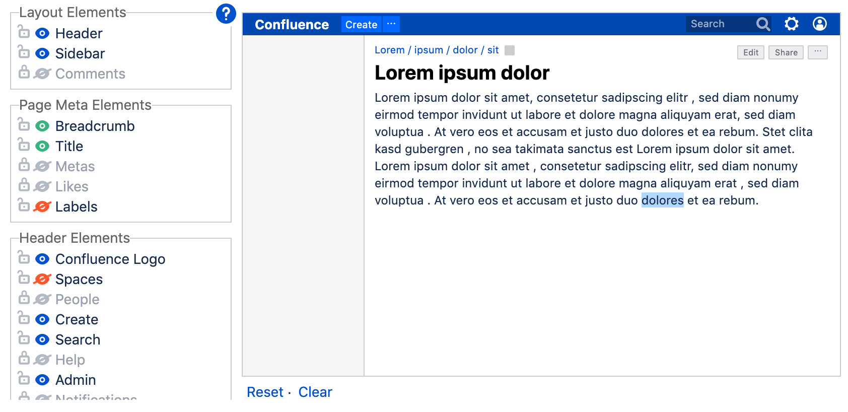 HideElements for Confluence screenshot