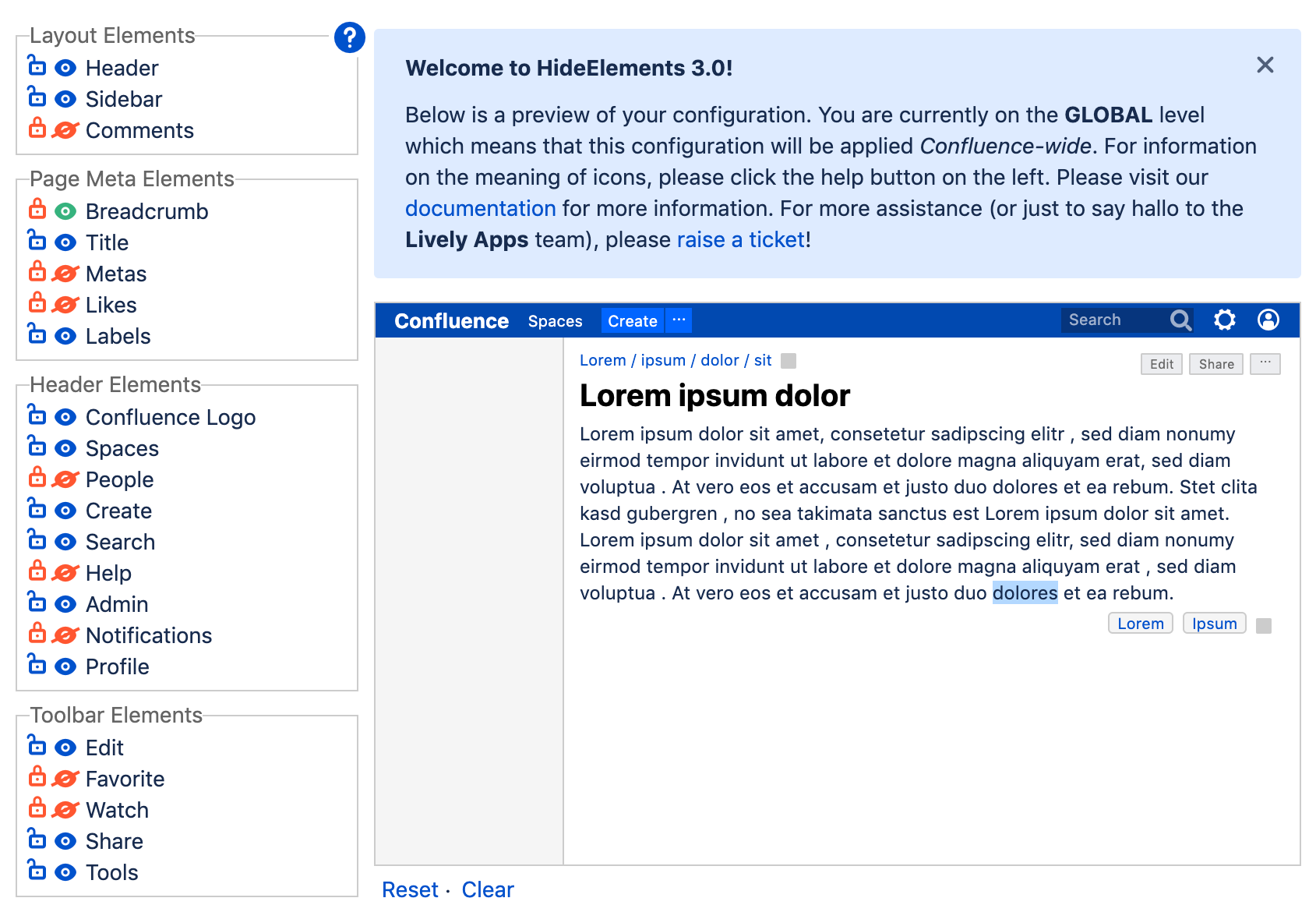 HideElements for Confluence screenshot