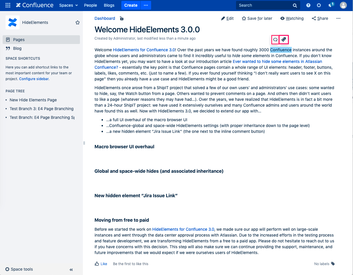 HideElements for Confluence screenshot