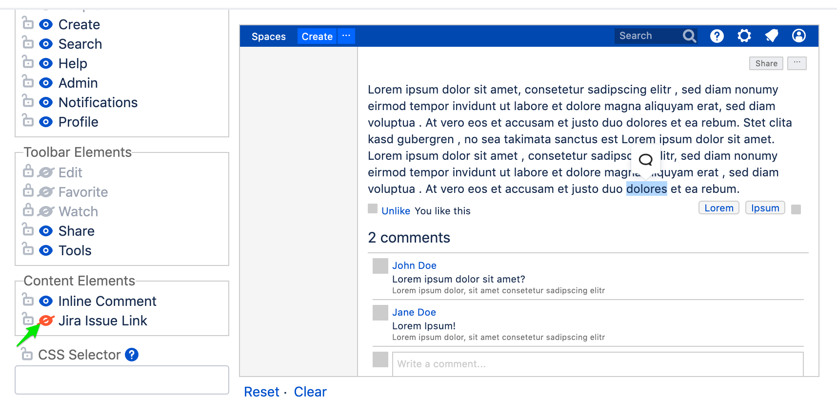 HideElements for Confluence screenshot