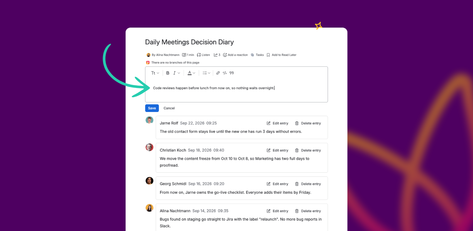 Diary for Confluence Cloud: adding a new entry to a Daily Meetings Decision Diary in view mode